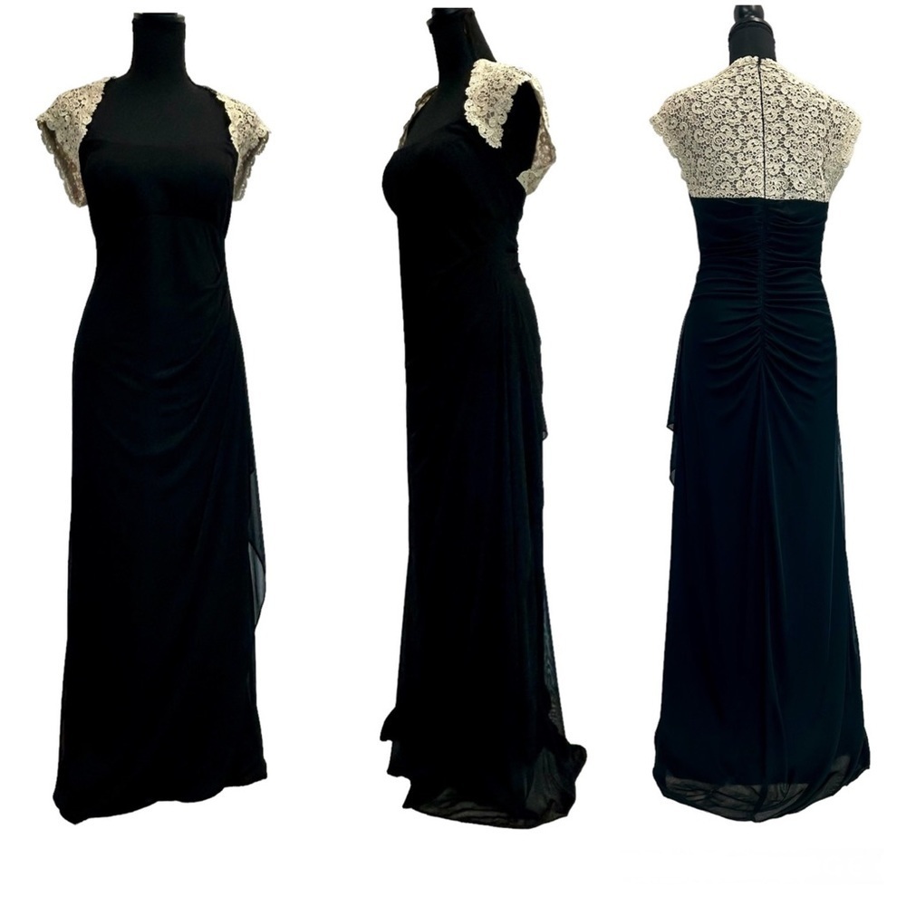 BA Nites black cream lace ruched formal evening gown Sz 14